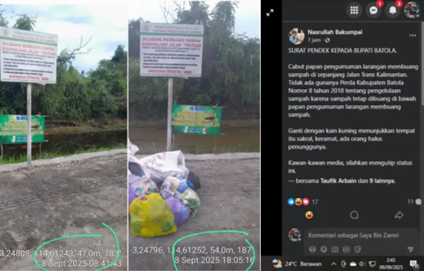Potret Ironis di Jalan Trans Kalimantan Batola, Sampah Bertumpuk di Bawah Papan Peringatan